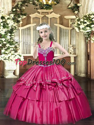Affordable Hot Pink Party Dresses Party and Quinceanera with Beading and Ruffled Layers Straps Sleeveless Lace Up