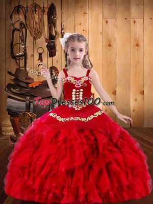 Red Ball Gowns Embroidery and Ruffles Pageant Dress Lace Up Organza Sleeveless Floor Length