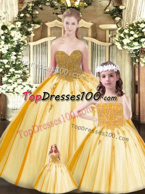 Perfect Floor Length Gold Quince Ball Gowns Sweetheart Sleeveless Lace Up