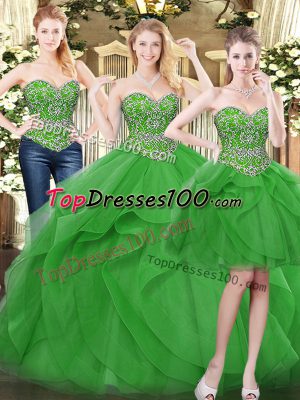 Enchanting Green Ball Gowns Tulle Sweetheart Sleeveless Beading and Ruffles Floor Length Lace Up Sweet 16 Dress