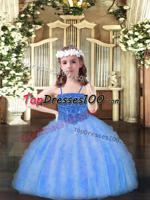 Great Baby Blue Ball Gowns Organza Spaghetti Straps Sleeveless Beading and Ruffles Floor Length Lace Up Little Girls Pageant Dress
