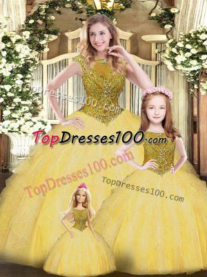 Excellent Sleeveless Organza Floor Length Lace Up Sweet 16 Dress in Gold with Beading and Ruffles