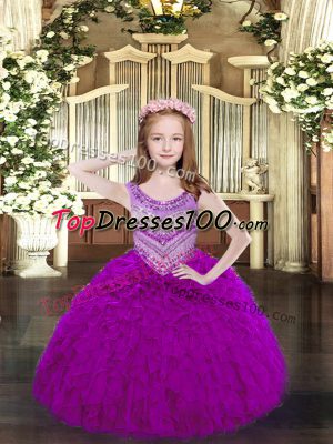 Fashion Fuchsia Scoop Lace Up Beading and Ruffles Party Dresses Sleeveless