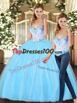 Baby Blue Sleeveless Tulle Lace Up Quinceanera Gowns for Military Ball and Sweet 16 and Quinceanera