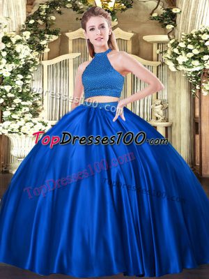 Trendy Royal Blue Ball Gowns Halter Top Sleeveless Tulle Floor Length Backless Beading Sweet 16 Quinceanera Dress