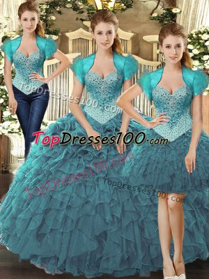 Cute Teal Sleeveless Beading and Ruffles Floor Length Sweet 16 Quinceanera Dress