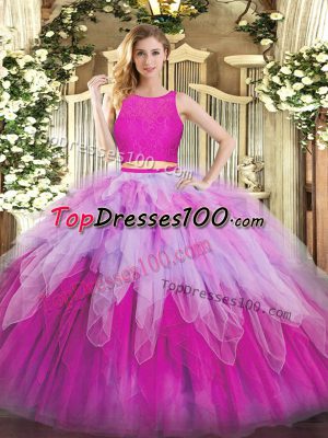 Amazing Fuchsia Ball Gowns Lace and Ruffles 15th Birthday Dress Zipper Organza Sleeveless Floor Length