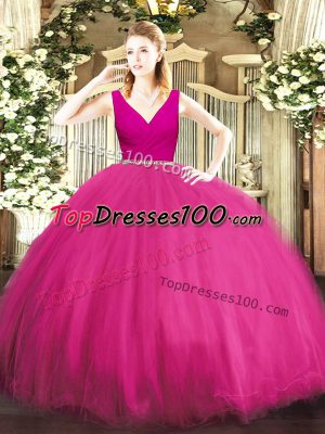 Beauteous Floor Length Fuchsia Vestidos de Quinceanera Tulle Sleeveless Beading