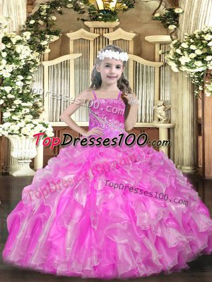 Rose Pink Ball Gowns Beading and Ruffles and Sequins Casual Dresses Lace Up Organza Sleeveless Floor Length