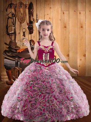 Best Multi-color Fabric With Rolling Flowers Lace Up Straps Sleeveless Floor Length Little Girls Pageant Dress Wholesale Embroidery and Ruffles