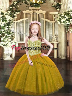 Straps Sleeveless Womens Party Dresses Floor Length Beading Brown Tulle