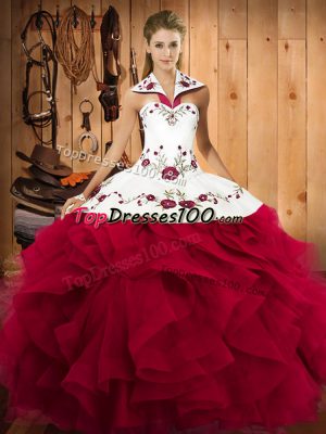Captivating Red Ball Gowns Embroidery and Ruffles Quinceanera Dresses Lace Up Tulle Sleeveless Floor Length