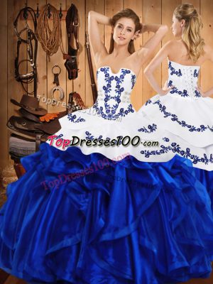 Floor Length Royal Blue Vestidos de Quinceanera Satin and Organza Sleeveless Embroidery and Ruffles