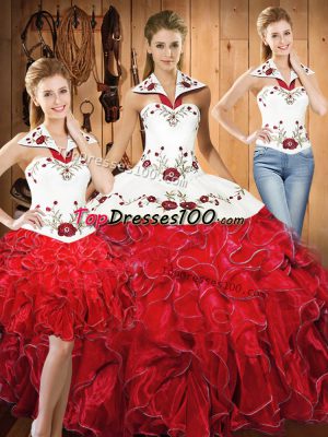 Edgy White And Red Sleeveless Satin and Organza Lace Up Quinceanera Dresses for Military Ball and Sweet 16 and Quinceanera