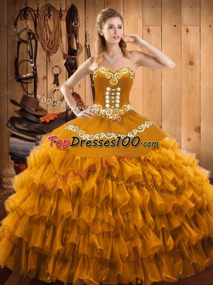 Floor Length Lace Up Vestidos de Quinceanera Gold for Military Ball and Sweet 16 and Quinceanera with Embroidery and Ruffled Layers