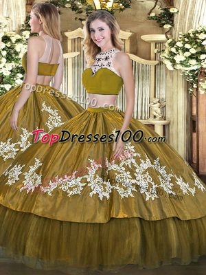 Beauteous Olive Green Sweet 16 Dresses Military Ball and Sweet 16 and Quinceanera with Beading and Appliques High-neck Sleeveless Backless