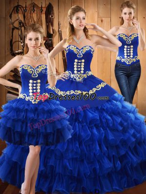 Glamorous Blue Sleeveless Floor Length Embroidery and Ruffled Layers Lace Up Quinceanera Gown