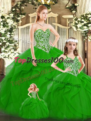 Tulle Sweetheart Sleeveless Lace Up Beading and Ruffles Sweet 16 Dress in Green