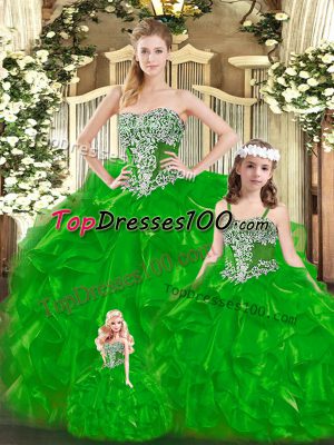 Glittering Floor Length Lace Up Vestidos de Quinceanera Green for Military Ball and Sweet 16 and Quinceanera with Beading and Ruffles
