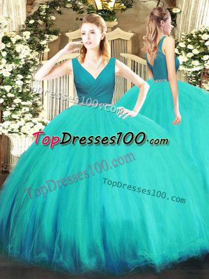 Enchanting Aqua Blue V-neck Zipper Beading Sweet 16 Dresses Sleeveless