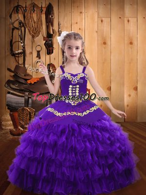 Straps Sleeveless Pageant Gowns Floor Length Beading and Embroidery and Ruffled Layers Eggplant Purple Organza