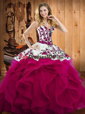 Inexpensive Ball Gowns 15 Quinceanera Dress Fuchsia Sweetheart Satin and Organza Sleeveless Floor Length Lace Up