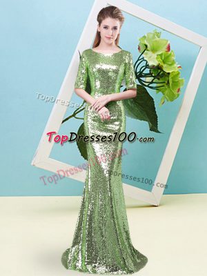 Scoop Half Sleeves Sequined Prom Evening Gown Sequins Zipper
