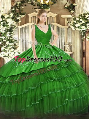 Glamorous Floor Length Green Quinceanera Dresses Organza and Taffeta Sleeveless Beading and Lace and Embroidery and Ruffled Layers