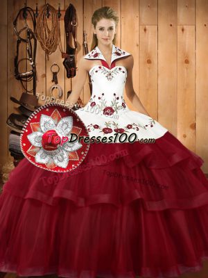 High Quality Wine Red Sleeveless With Train Embroidery and Ruffled Layers Lace Up Quinceanera Dress