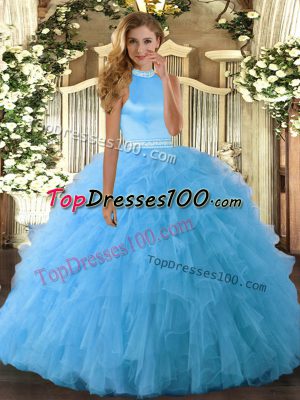 Custom Made Sleeveless Organza Floor Length Backless Vestidos de Quinceanera in Baby Blue with Beading and Ruffles