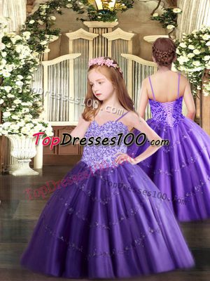 Beautiful Purple Spaghetti Straps Lace Up Appliques Kids Formal Wear Sleeveless