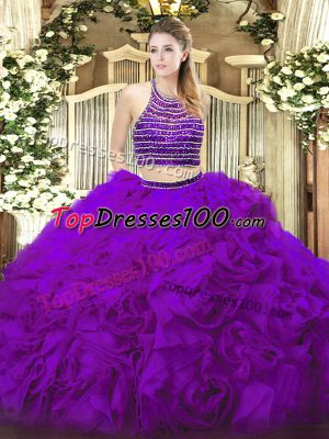 Floor Length Two Pieces Sleeveless Eggplant Purple Quinceanera Dress Lace Up