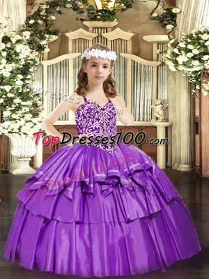 Excellent Sleeveless Organza Floor Length Lace Up Little Girls Pageant Dress Wholesale in Lilac with Beading and Ruffled Layers
