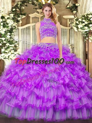 Stunning Purple Tulle Backless High-neck Sleeveless Floor Length Sweet 16 Dress Beading and Ruffled Layers