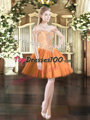 Mini Length Orange Red Homecoming Dress Tulle Sleeveless Beading