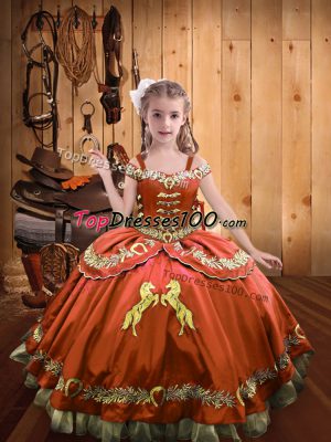 High Class Rust Red Off The Shoulder Lace Up Beading and Embroidery Pageant Gowns Sleeveless