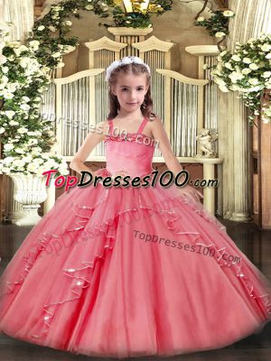 Watermelon Red Ball Gowns Appliques and Ruffles Pageant Dress Womens Lace Up Organza Sleeveless Floor Length