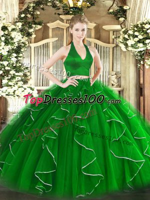 Sweet Halter Top Sleeveless Sweet 16 Quinceanera Dress Floor Length Ruffles Green Organza