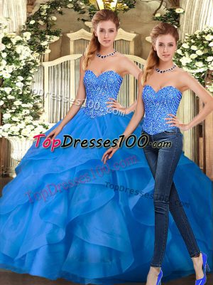 Customized Beading and Ruffles Quinceanera Gowns Blue Lace Up Sleeveless Floor Length