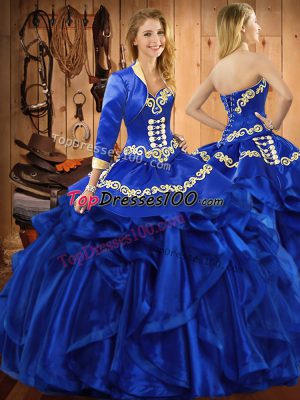 Pretty Royal Blue Organza Lace Up Sweetheart Sleeveless Floor Length Vestidos de Quinceanera Embroidery and Ruffles