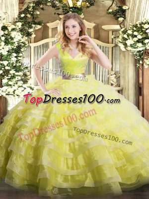 Comfortable V-neck Sleeveless Quinceanera Dresses Floor Length Ruffled Layers Yellow Green Organza