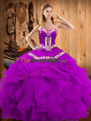 Eggplant Purple Lace Up Sweetheart Embroidery and Ruffles Sweet 16 Quinceanera Dress Satin and Organza Sleeveless