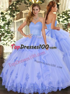 Top Selling Light Blue Ball Gowns Sweetheart Sleeveless Tulle Floor Length Lace Up Beading and Appliques and Ruffles Quinceanera Gowns