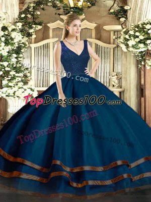 Navy Blue Ball Gowns Organza V-neck Sleeveless Beading and Lace and Ruffled Layers Floor Length Backless Sweet 16 Quinceanera Dress
