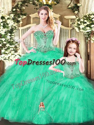 Turquoise Tulle Lace Up Sweetheart Sleeveless Floor Length Ball Gown Prom Dress Beading and Ruffles