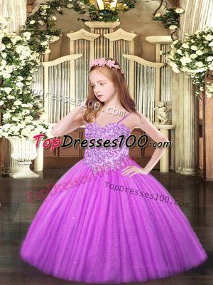 Custom Design Lilac Lace Up Party Dress for Toddlers Appliques Sleeveless Floor Length