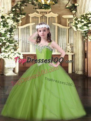 Sleeveless Tulle Sweep Train Lace Up Little Girls Pageant Dress in with Beading