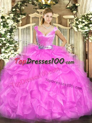 V-neck Sleeveless Zipper Quinceanera Dresses Fuchsia Tulle