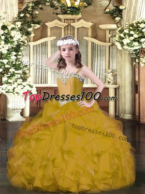 Custom Design Brown Sleeveless Organza Lace Up Little Girl Pageant Gowns for Party and Quinceanera