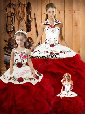 Ideal Wine Red Lace Up Sweet 16 Dresses Embroidery and Ruffles Sleeveless Floor Length